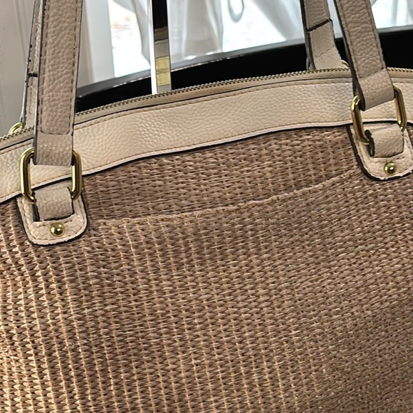 Liz Claiborne Woven Straw & Leather Floral Tote Bag Tan Pink - Picture 5 of 14